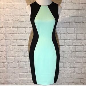 Sexy! Boston Proper Black & Turquoise Bodycon Color Block Size 6 Midi Dress